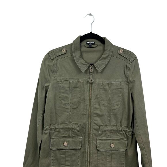 Express Womens Utility Jacket Collared Zip Up Flap‎ Pockets Army Green Size S - Picture 2 of 6